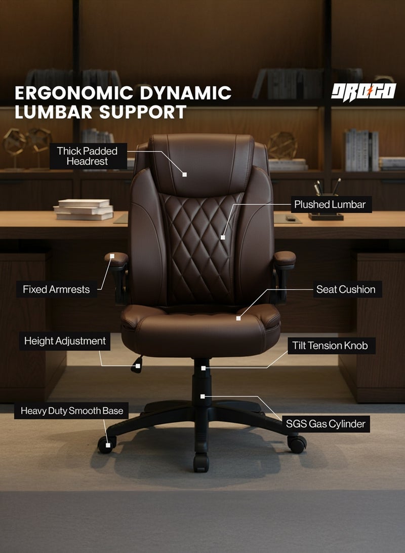 DROGO Ergonomic Premium Leatherette Office Chair for Work at Home, Computer Chair with Flip-Up Armrest, Height Adjustable Leather Seat, Cushioned Headrest, & Lumbar Support | Desk Chair with Multi Level Reclining Brown - Image 3